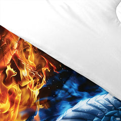 Side angle view of elemental dragon bedding styled with fantasy room accents and timber furniture