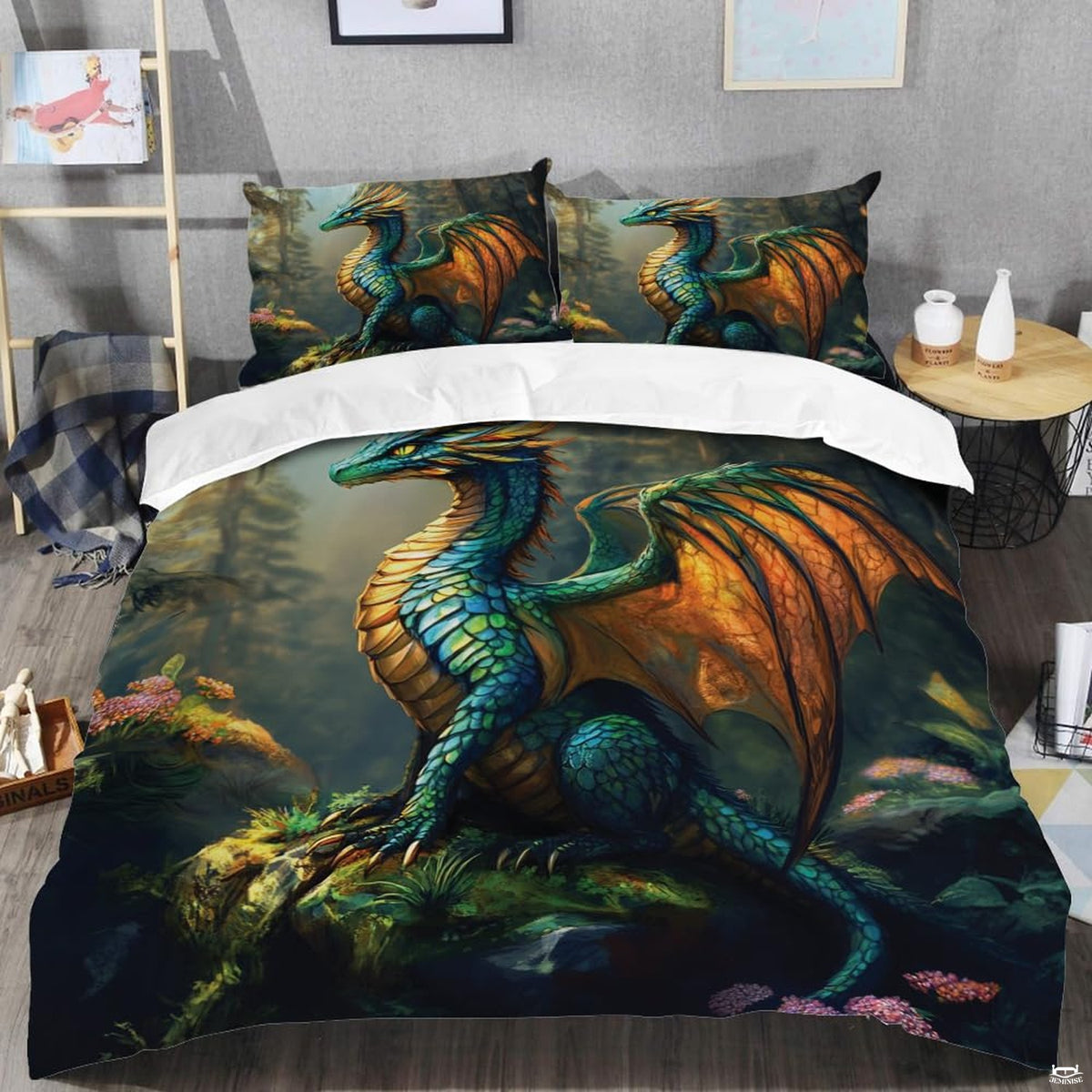 Copper wing dragon bedding shown in a modern bedroom