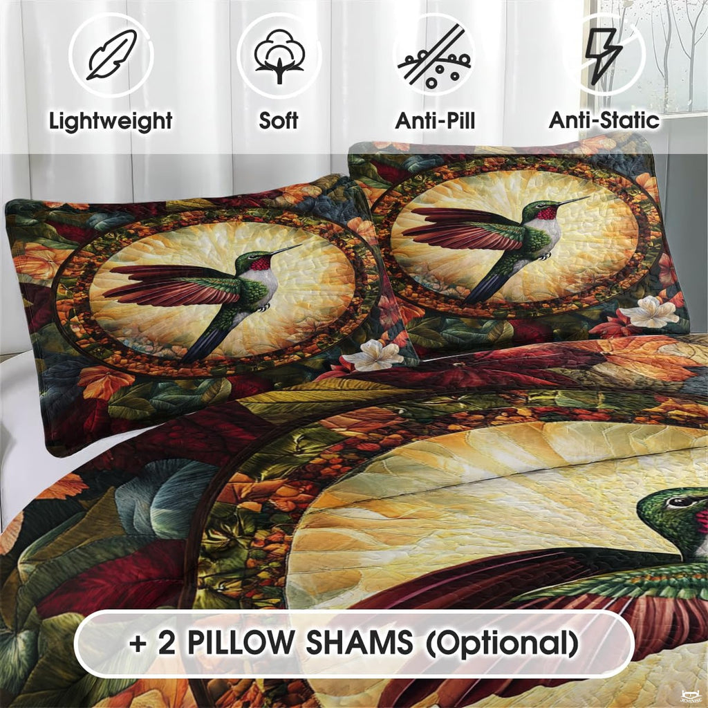 Matching hummingbird pillow shams with autumn leaves and cream blossoms