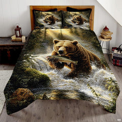 Golden amber bear family woodland bedding set displayed on a bed in a rustic lodge bedroom