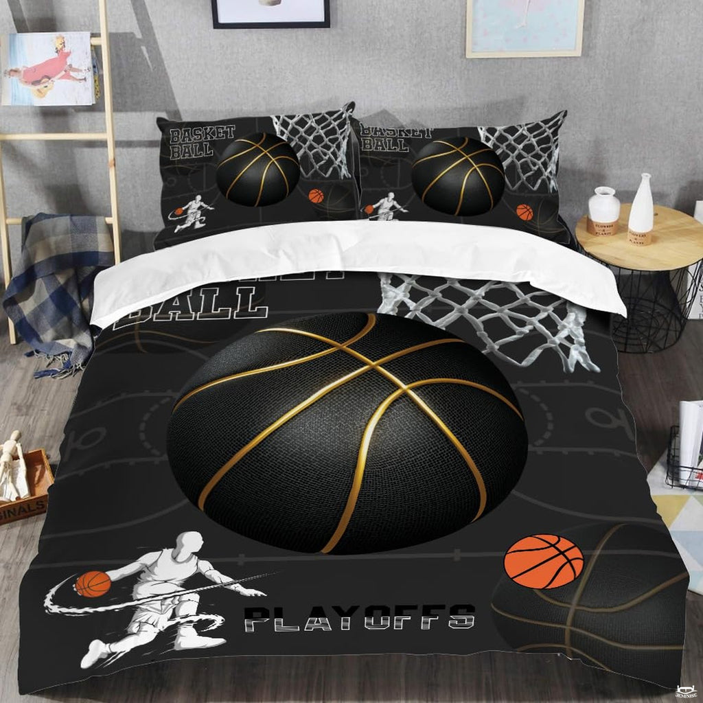 Boys basketball bedroom centerpiece showing dynamic player illustrations and court markings.