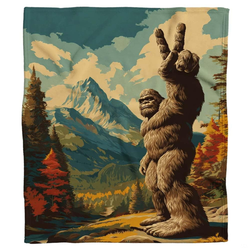 Full front view of bigfoot sasquatch peace sign mountain forest blanket