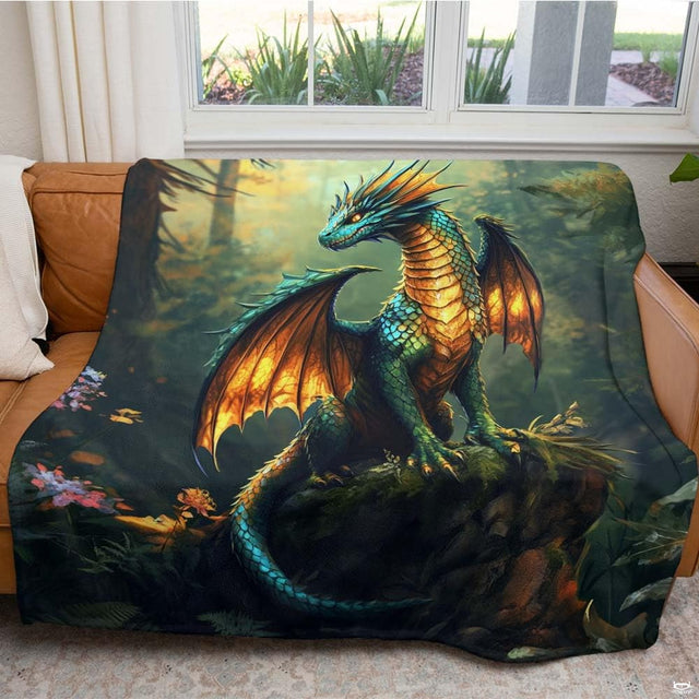 Magical forest bedding detail highlighting radiant golden-orange dragon wings and delicate blooming flora.