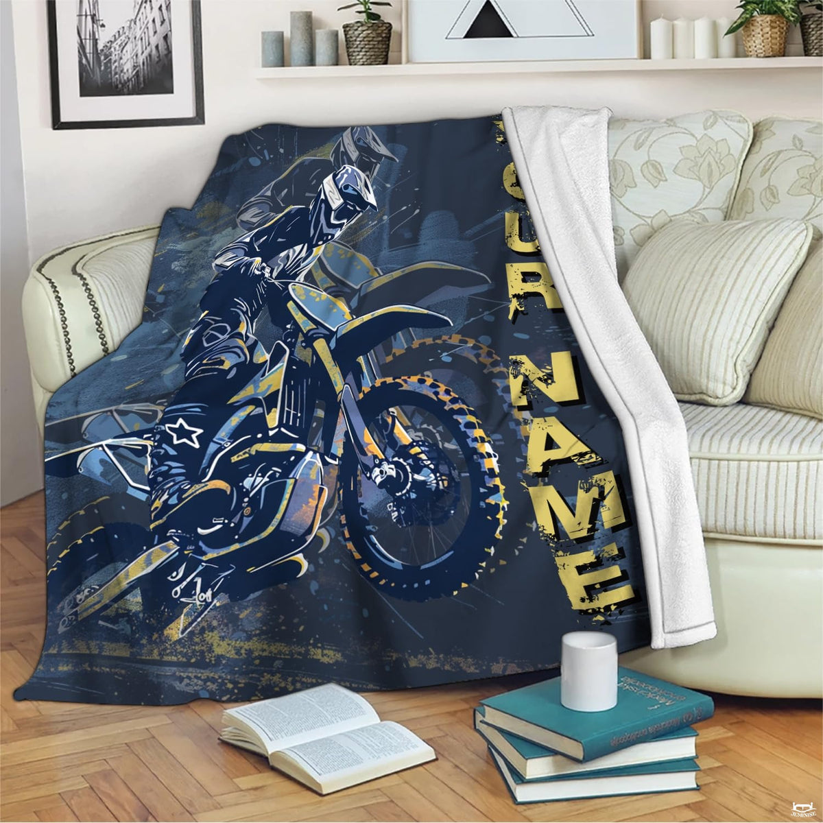 Motocross rider action throw blanket draped across living room sofa