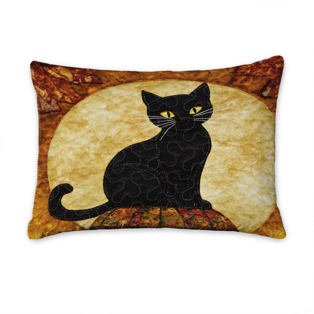 Close-up perspective of stylized black cat artwork with glowing moon and intricate rustic patchwork border accents.
