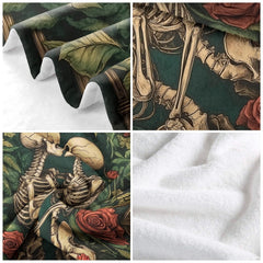 Lifestyle setting displaying the skeleton couple throw blanket neatly folded on an armchair.