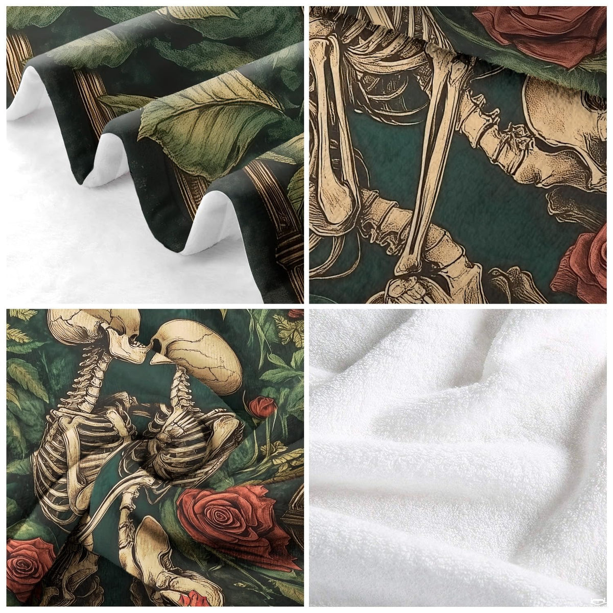 Lifestyle setting displaying the skeleton couple throw blanket neatly folded on an armchair.