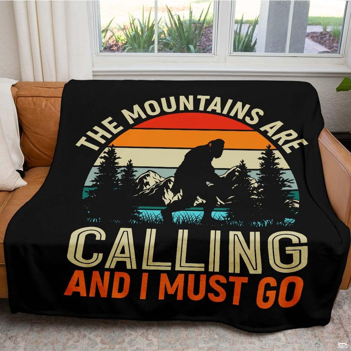 Retro sunset mountain badge with Bigfoot silhouette and mountains are calling quote, view 3.
