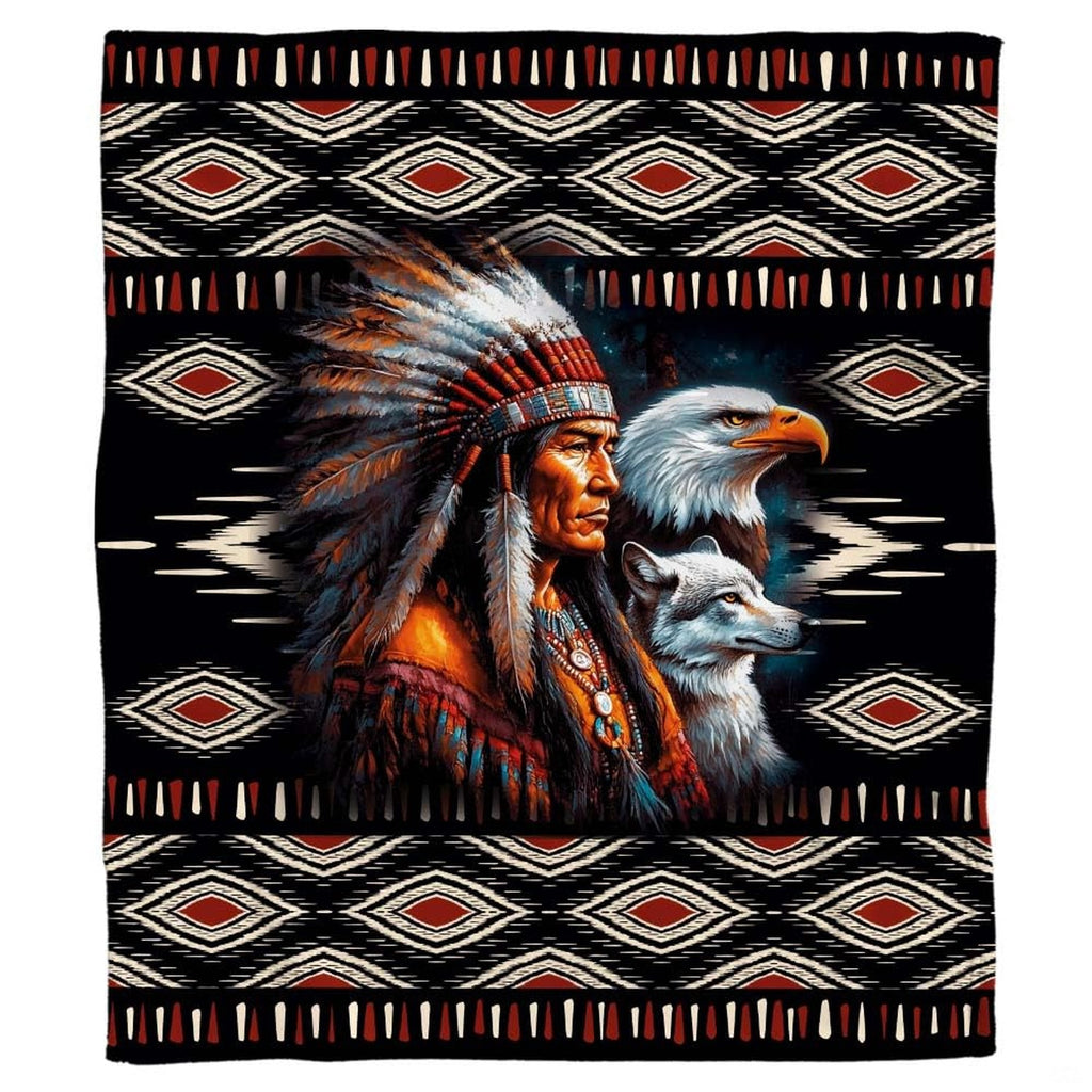 Native warrior eagle wolf throw blanket view 2 highlighting tribal diamonds, headdress, and wildlife