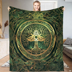 Celtic Tree of Life with golden Trinity knot medallion on emerald green knotwork, view 1.