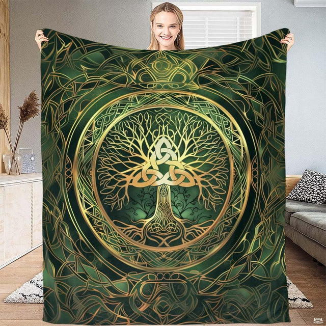 Celtic Tree of Life with golden Trinity knot medallion on emerald green knotwork, view 1.