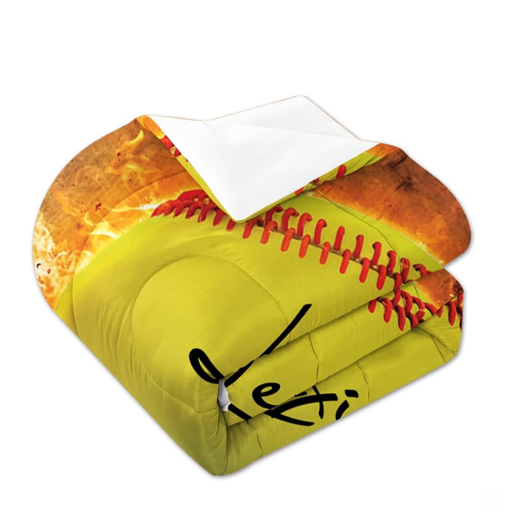 Teal & Yellow Softball Comforter Set – Vibrant Sports Bedroom Decor for Softball Fans, Soft Cozy Bedding for Girls & Women, Offered in Twin, Queen, King