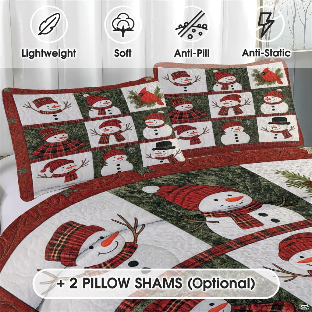 Close-up detail of snowman bedding set showing crisp illustration linework and snow ivory background.