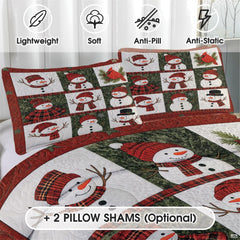 Close-up detail of snowman bedding set showing crisp illustration linework and snow ivory background.