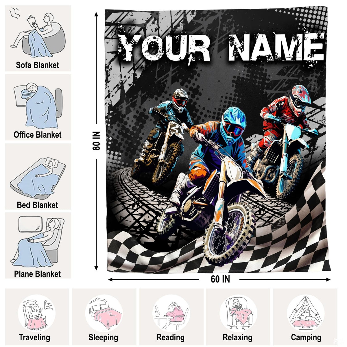 Folded motocross dirt bike racing throw blanket resting on wooden table displaying racing artwork