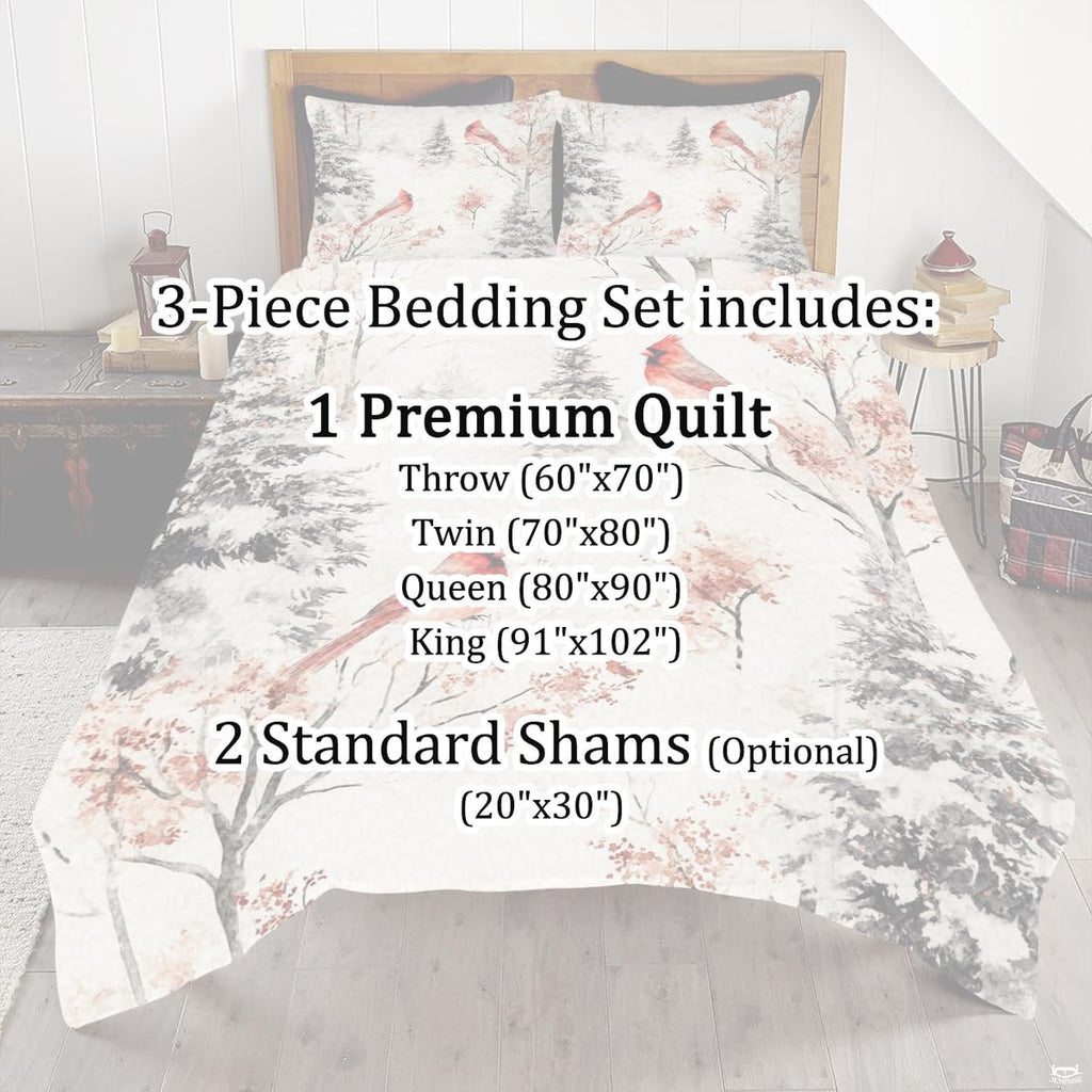 Complete overhead arrangement of the watercolor winter forest bedding set in a bright modern rustic bedroom.