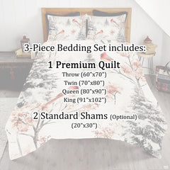 Complete overhead arrangement of the watercolor winter forest bedding set in a bright modern rustic bedroom.