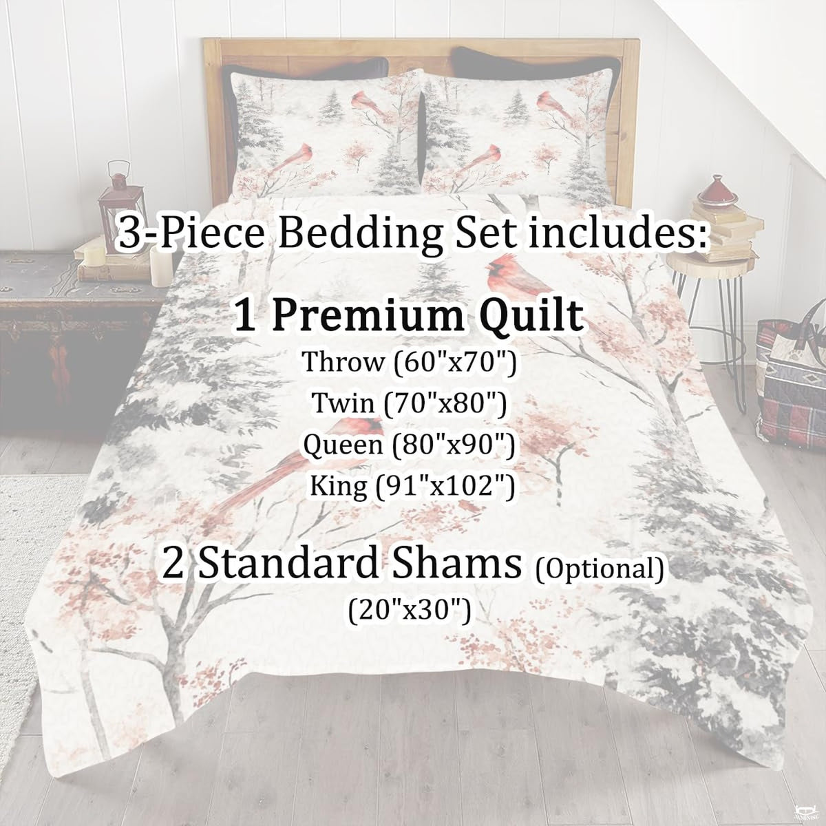 Complete overhead arrangement of the watercolor winter forest bedding set in a bright modern rustic bedroom.