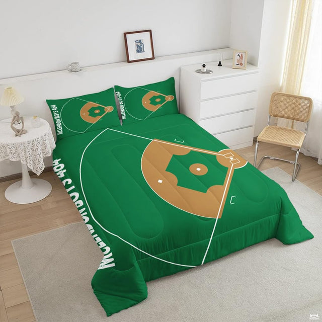 Close-up perspective of baseball bedding highlighting forest green helmet illustration and ball lacing accents