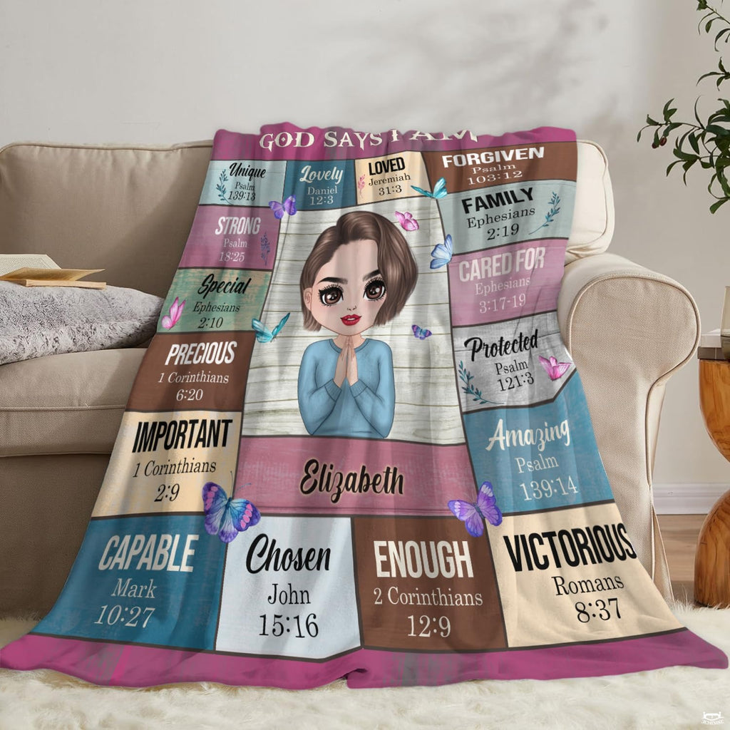 Praying girl scripture affirmations blanket in youth bedroom display