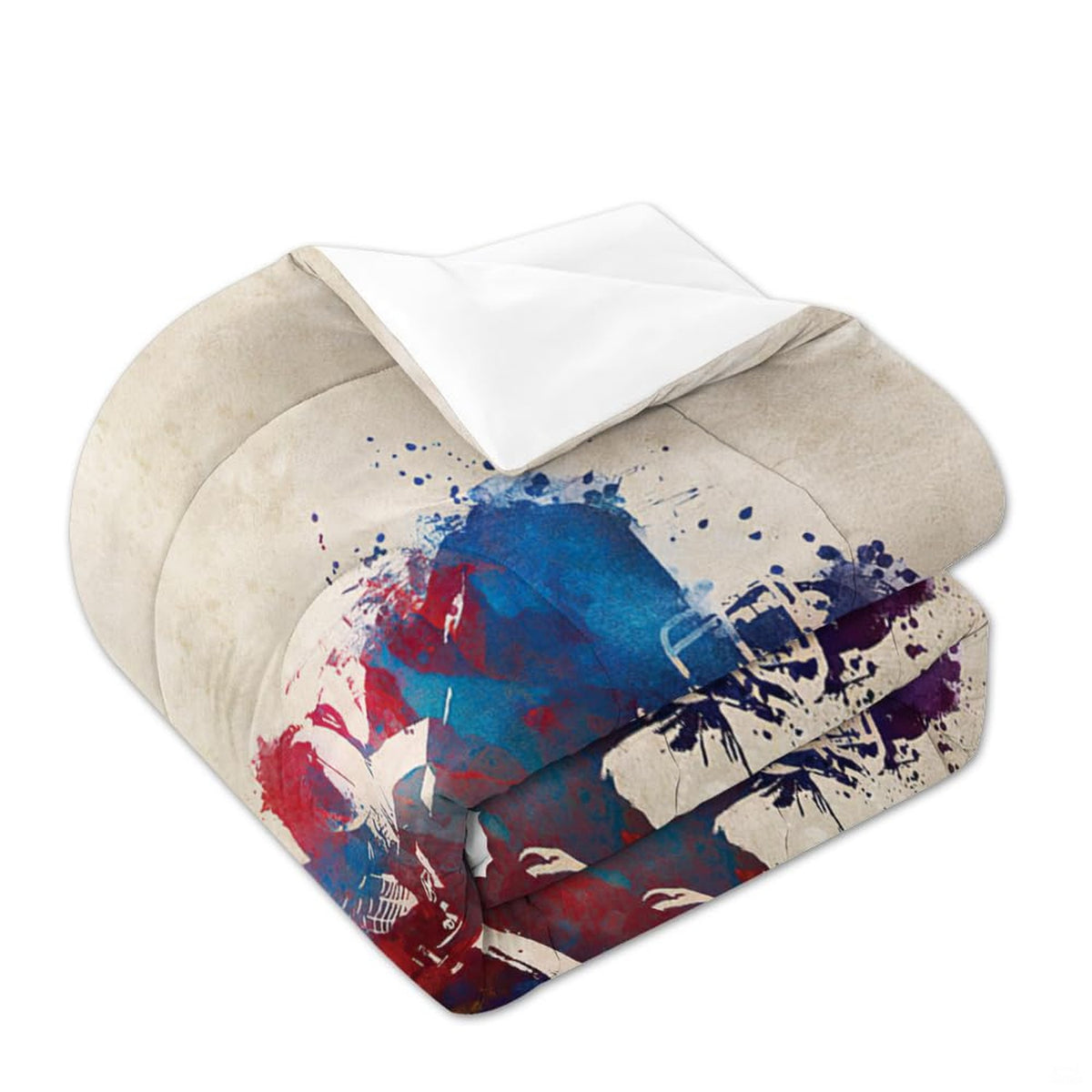 Overhead view of indigo footballer bedding arranged neatly across an athletic youth bedroom mattress