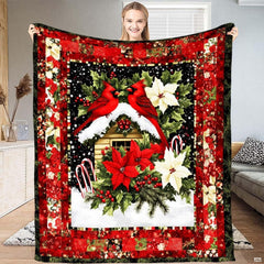 Red cardinal bed and breakfast bedding set with festive songbirds and winter greenery.