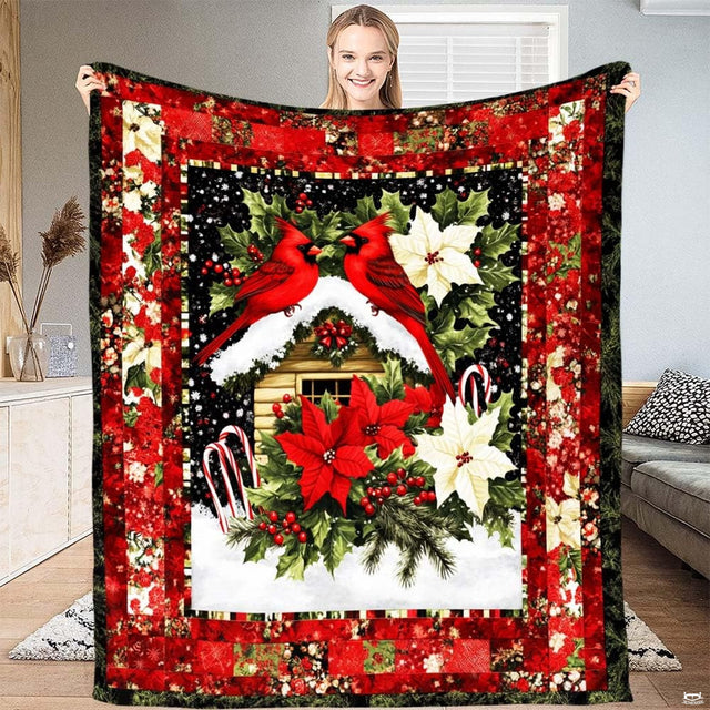 Red cardinal bed and breakfast bedding set with festive songbirds and winter greenery.