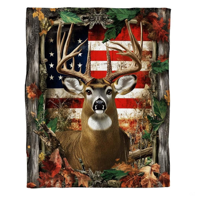 Rustic whitetail buck deer bedding with vintage American flag and barn wood backdrop displayed on bed.