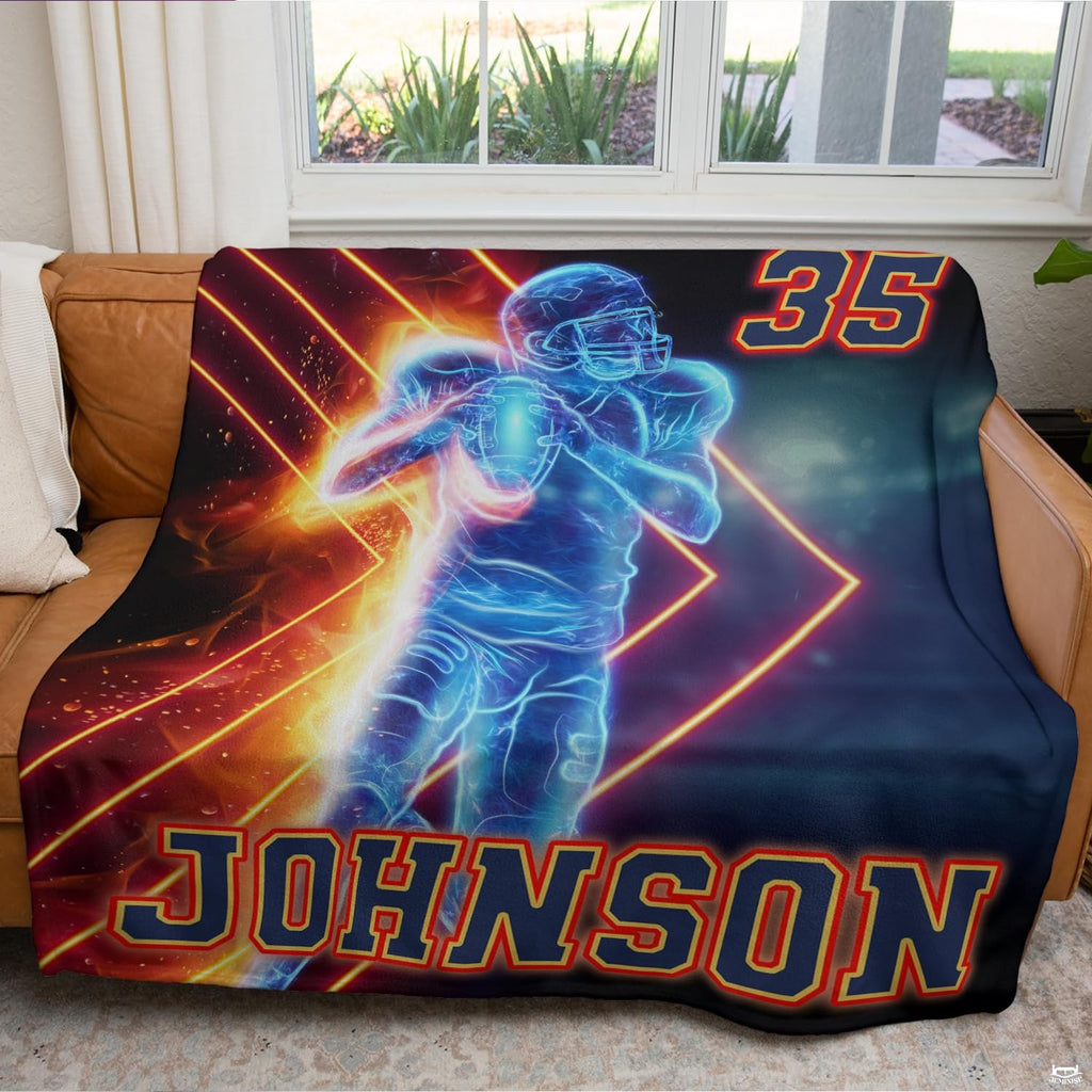 Electric neon blue football player with fiery chevron laser lines and varsity lettering, view 6.