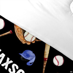 Folded presentation of baseball helmet bedding displaying sharp graphic clarity in coral peach and black tones