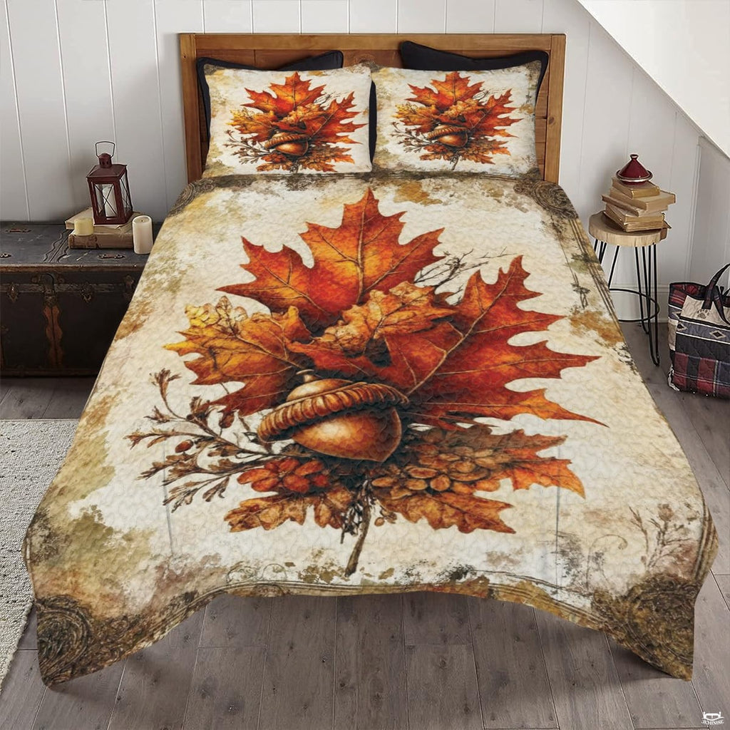 Vintage maple leaf autumn bedding set featuring botanical foliage illustrations and pumpkin orange tones