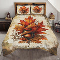Vintage maple leaf autumn bedding set featuring botanical foliage illustrations and pumpkin orange tones