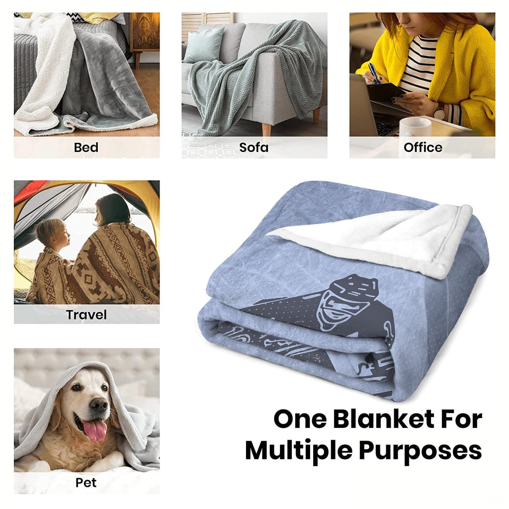 Versatile multi-setting overview showing the folded hockey design blanket and lifestyle scenes.