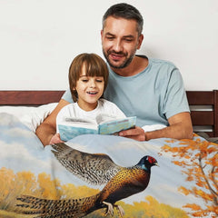 Scenic oil painting of flying ringneck pheasant and attentive white pointer dog in autumn field, view 3.