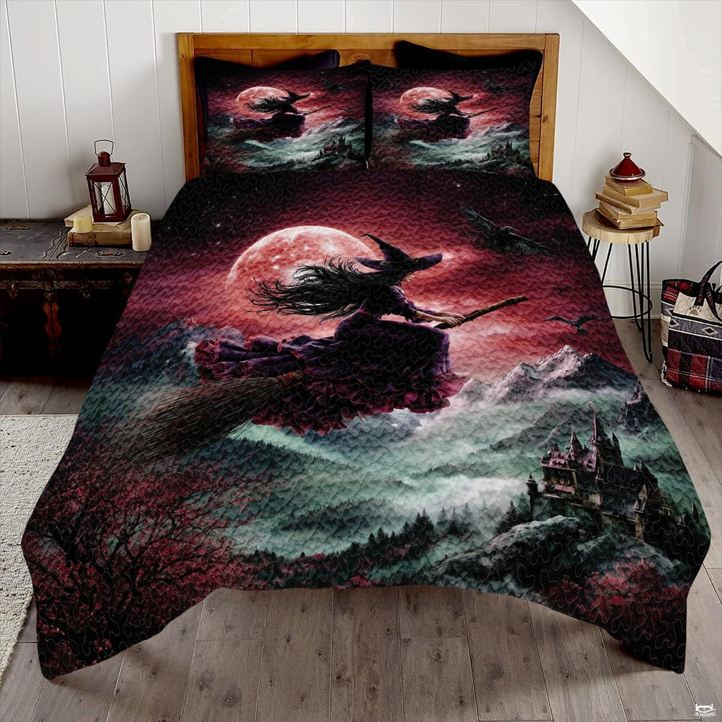 Flying witch bedding displayed in a bright bedroom