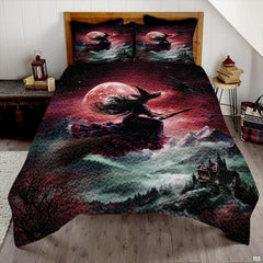 Flying witch bedding displayed in a bright bedroom