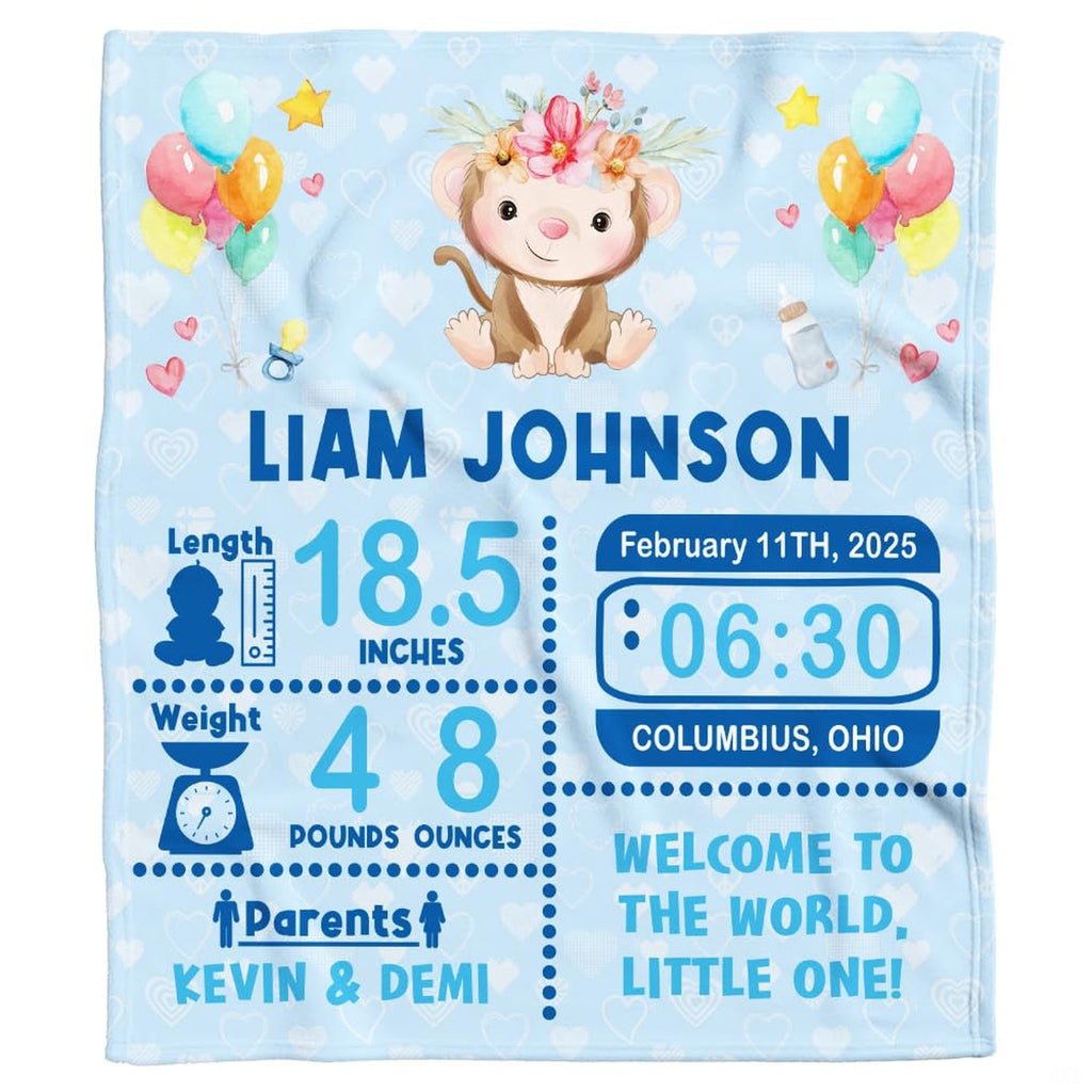 Floral crown baby monkey nursery blanket front display