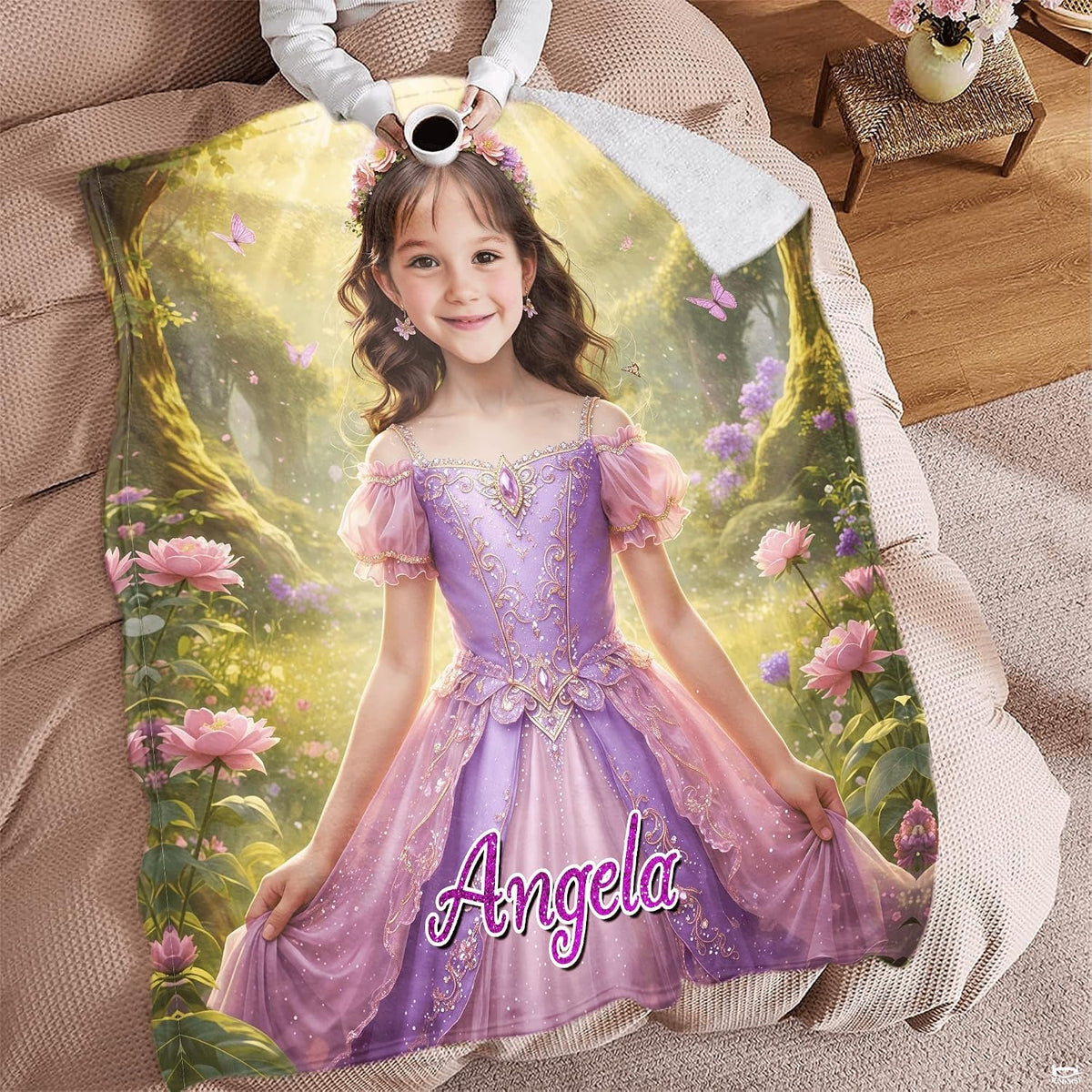 Fairytale princess photo blanket styled across a bed in a sunlit bedroom setting.