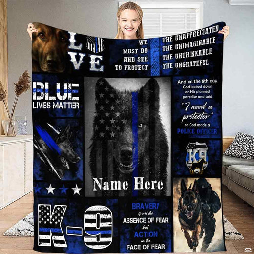 German Shepherd police dog tribute collage with American flag thin blue line throw blanket