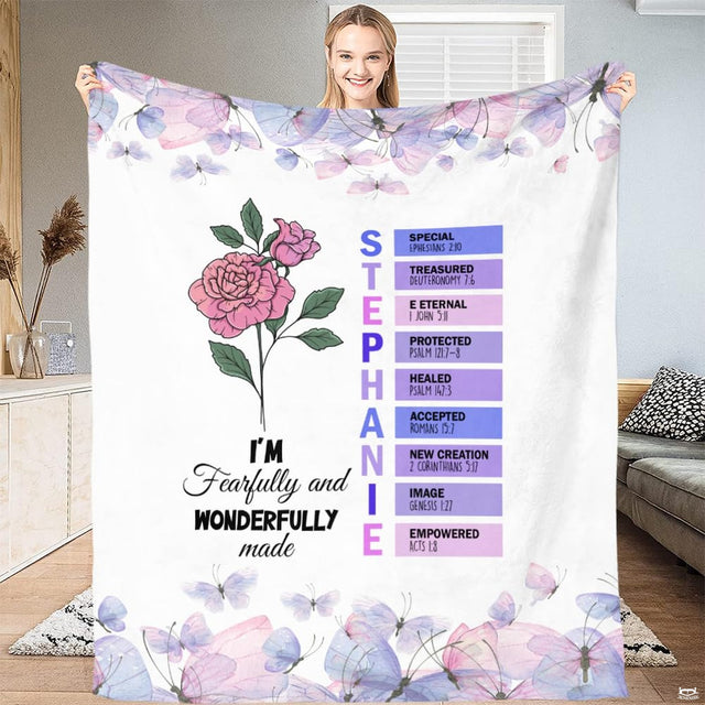 Christian faith blanket featuring pink rose, watercolor butterflies, and scripture affirmation layout.