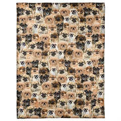 All-over pattern display showing a dense photo collage of smiling Pekingese dog portraits.
