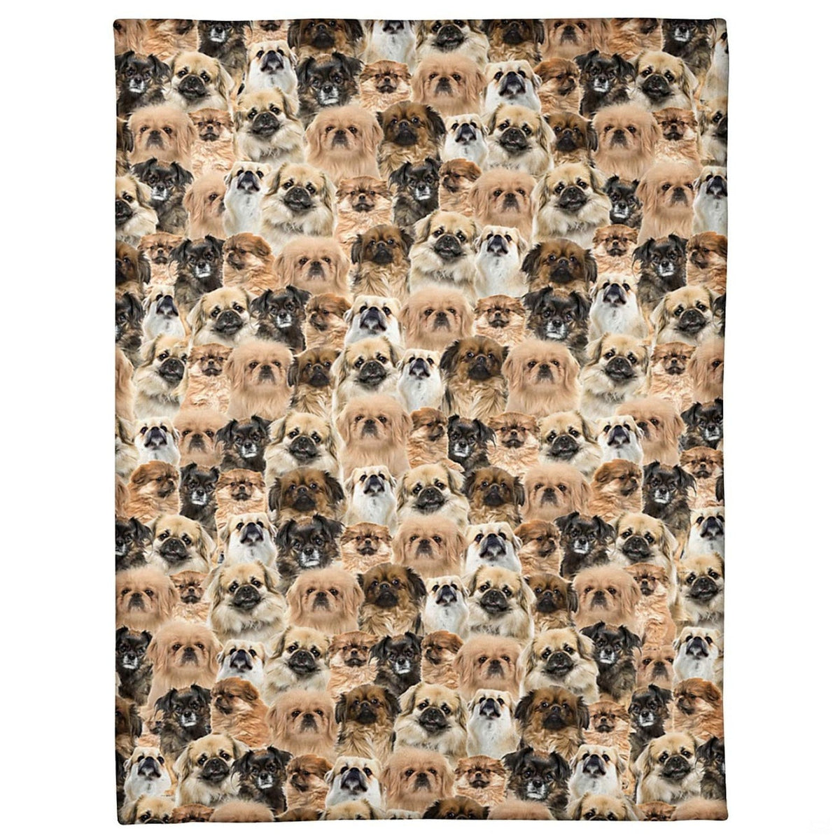 All-over pattern display showing a dense photo collage of smiling Pekingese dog portraits.