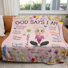 Pastel wildflower scripture throw blanket draped over the back of a living room sofa
