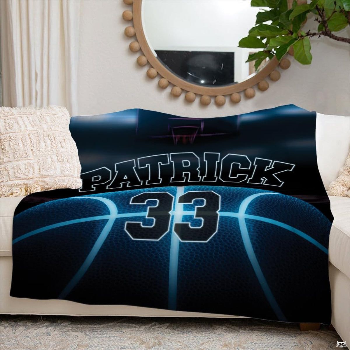 Neon basketball court throw blanket view 6 highlighting glowing blue basketball channels and hoop silhouette