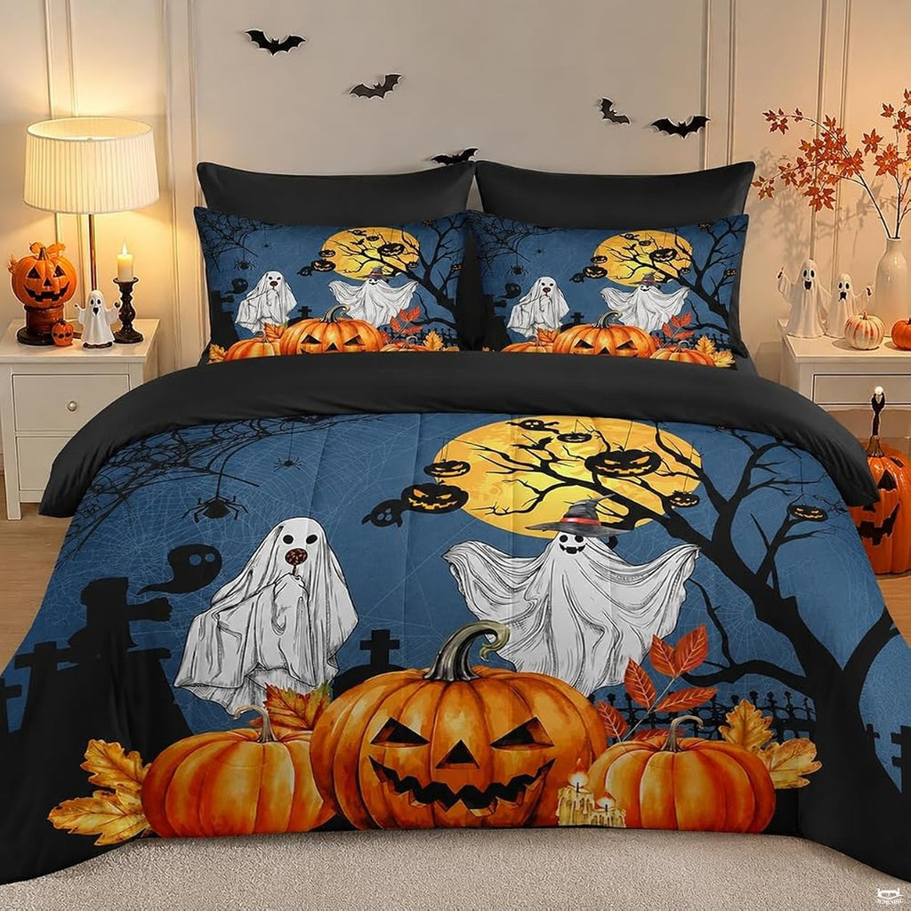 Pamnest Twin Halloween Comforter Set with Sheets, 5 Pieces Ghost Bedding
