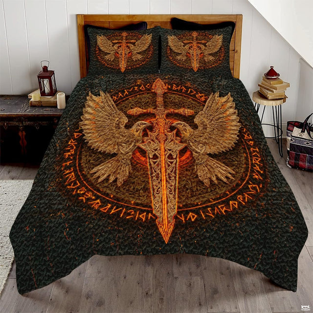 Overhead bedroom view of Viking sword and dual ravens bedding with glowing runic circle on bed.