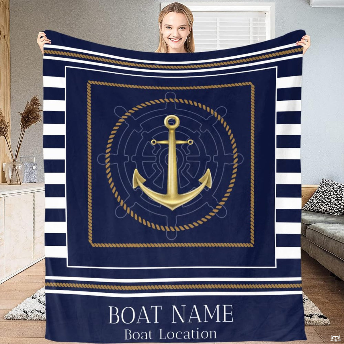 Nautical anchor and ship wheel graphic with golden tones on navy sailor stripes.