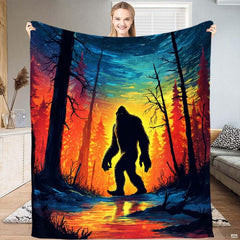 Impressionist painting of Bigfoot silhouette against fiery sunset woods and swirling teal sky, view 1.