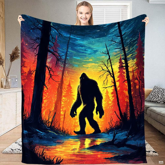 Impressionist painting of Bigfoot silhouette against fiery sunset woods and swirling teal sky, view 1.