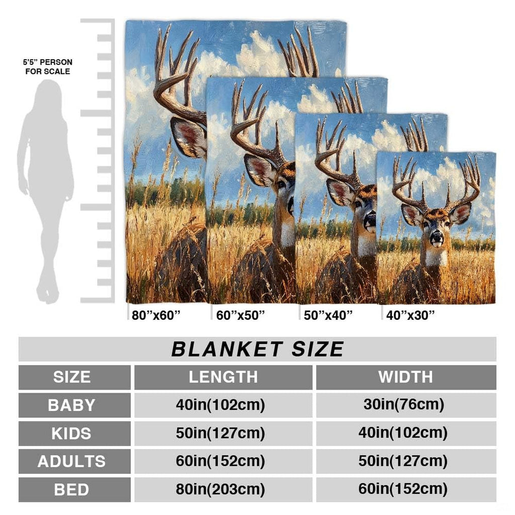 Detailed view of painterly golden wheat field and sky artwork on deer print bedding sets.